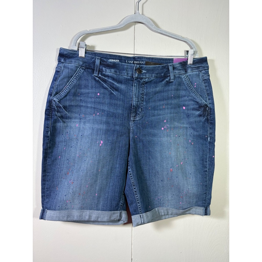 Lane Bryant Bermuda Denim Shorts 18 Medium Wash Paint Splatter Cuffed Stretch